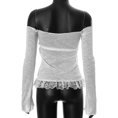 Off shoulder bowknot lace hem mesh long sleeve top