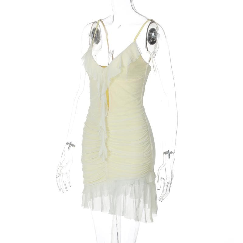 V neck ruffle hollow out ruched mesh cami cut out mini dress