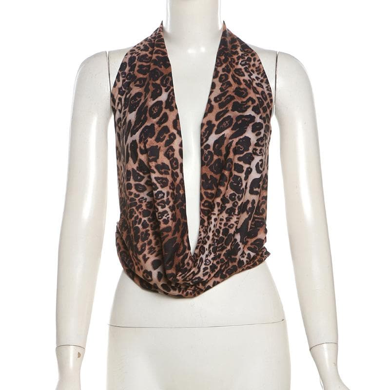 Halter cowl neck leopard print backless top