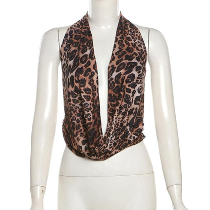 Halter cowl neck leopard print backless top