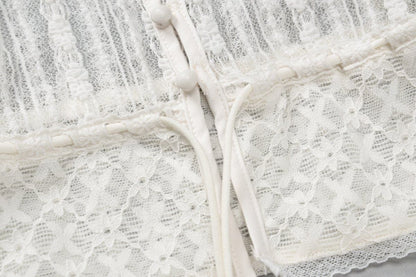Short sleeve button lace see through crop top
