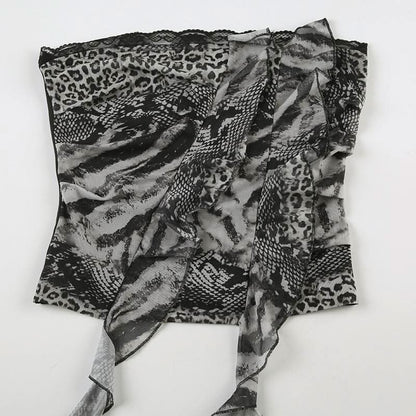 Leopard print ruffle lace hem tube top