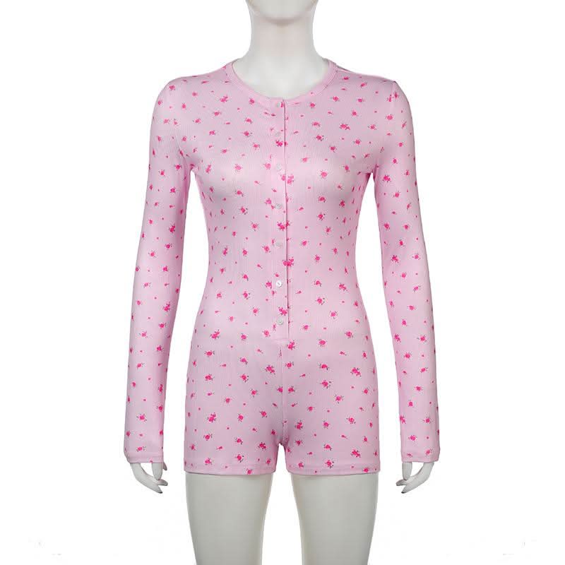 Long sleeve crewneck button flower print romper