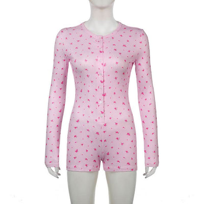 Long sleeve crewneck button flower print romper