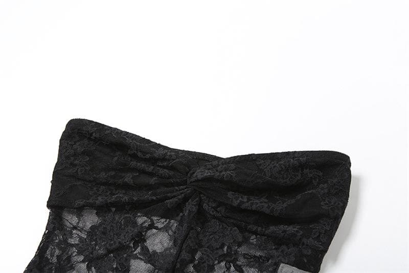 Lace ruched slit ruffle solid tube top