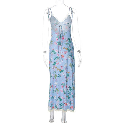 Print v neck lace hem knotted cami maxi dress