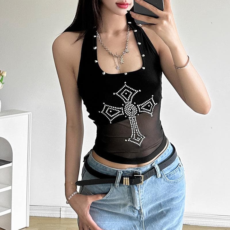 Halter beaded square neck cross pattern mesh top