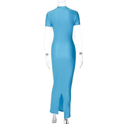 Short sleeve high neck slit solid maxi dress