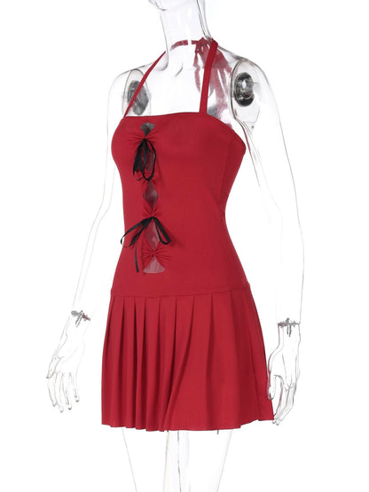 Halter bowknot ruched hollow out cut out mini dress