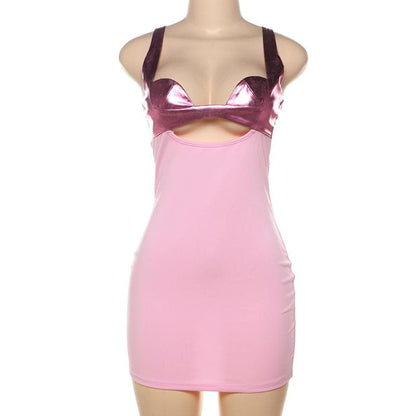 Hollow out metallic patchwork backless cami cut out mini dress