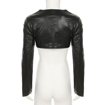 PU leather sweetheart neck long sleeve crop top