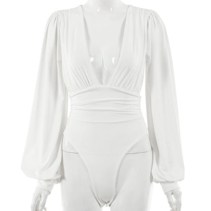 Halibuy Double layered deep v neck ruched solid bodysuit - Final Sale