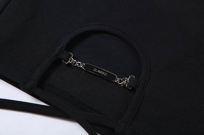 Hollow out metal chain self tie zip-up cut out mini skirt