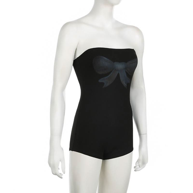 Bowknot print backless tube romper
