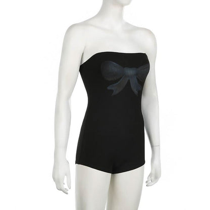 Bowknot print backless tube romper