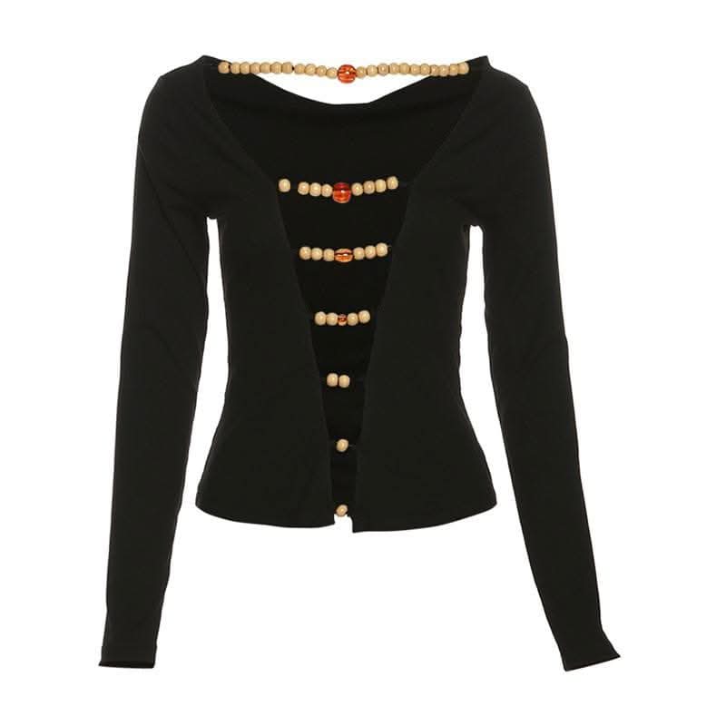 Beaded contrast long sleeve v neck ruched top-final-sale