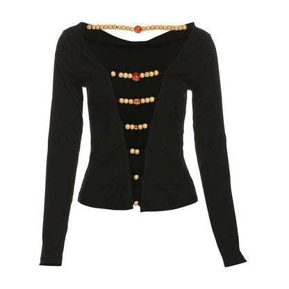 Beaded contrast long sleeve v neck ruched top-final-sale