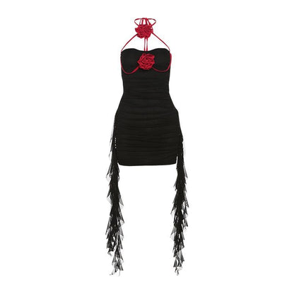 Halter self tie ruched flower applique backless mini dress