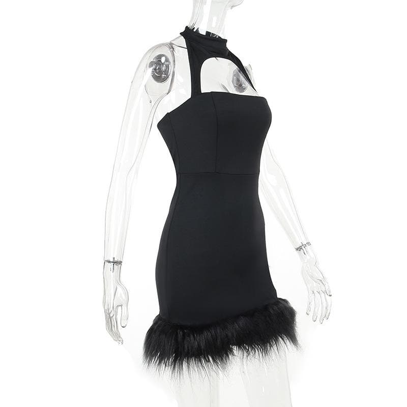 Hollow out halter fluffy backless button solid cut out mini dress
