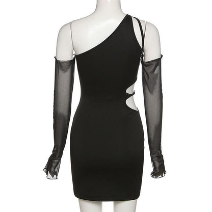 Long mesh sleeve off shoulder hollow out irregular dress