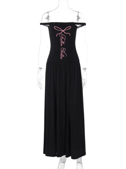 Letter print off shoulder ruched maxi dress