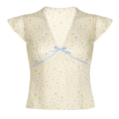Cap sleeve v neck print bowknot lace hem top