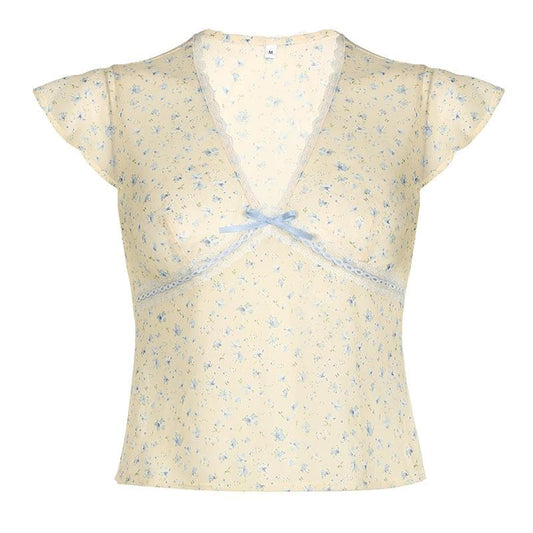Cap sleeve v neck print bowknot lace hem top