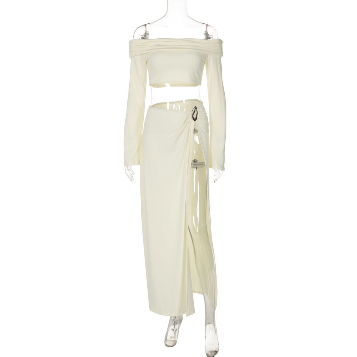 Off shoulder long sleeve o ring slit maxi dress