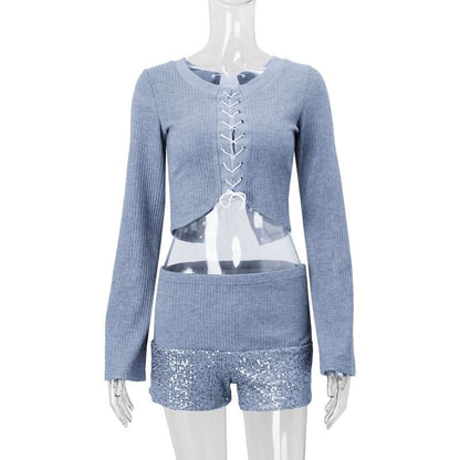Long sleeve hollow out lace up textured round neck cut out top