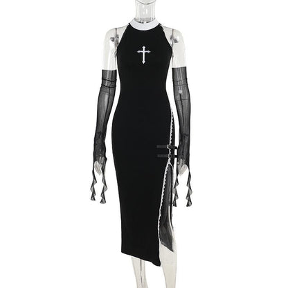 High neck gloves lace hem slit cross pattern midi dress