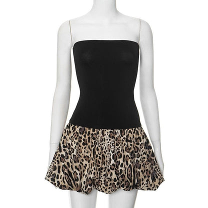 Leopard print patchwork ruched tube mini dress
