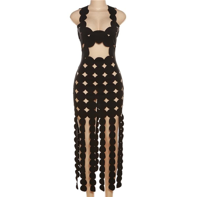 Hollow out backless sleeveless low cut solid cut out maxi dress