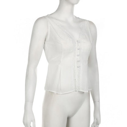 V neck button lace hem solid tank top