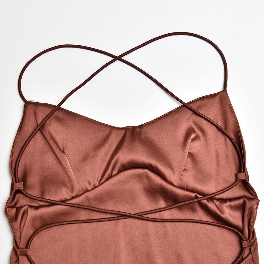 Satin solid lace up cross back v neck low cut maxi dress