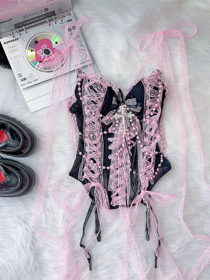 Lace beaded bowknot self tie cami top