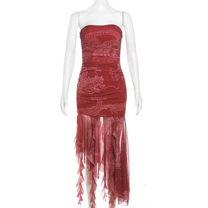 Ruched mesh loong print ruffle tube midi dress