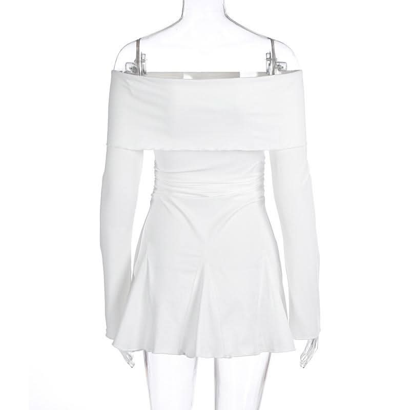 Off shoulder long sleeve ruched ruffle mini dress