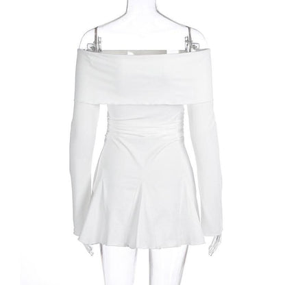 Off shoulder long sleeve ruched ruffle mini dress