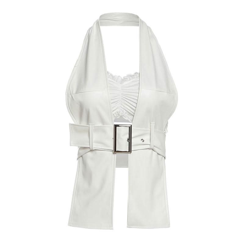 Halter lace hem PU leather 2 piece ruched top