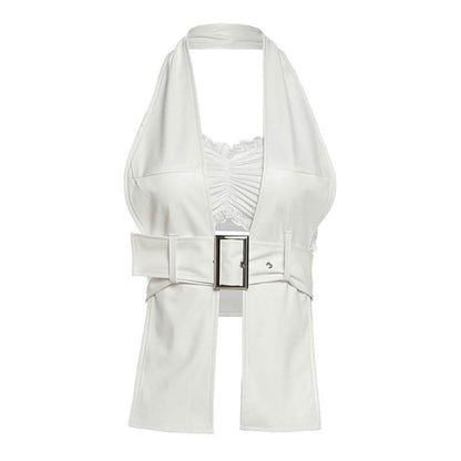 Halter lace hem PU leather 2 piece ruched top