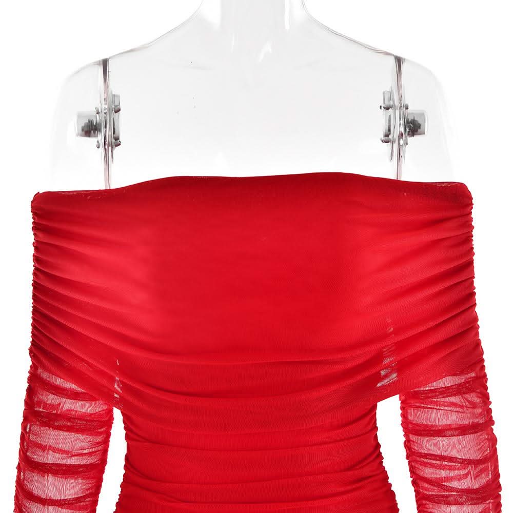 Off shoulder long sleeve slit mesh ruched maxi dress