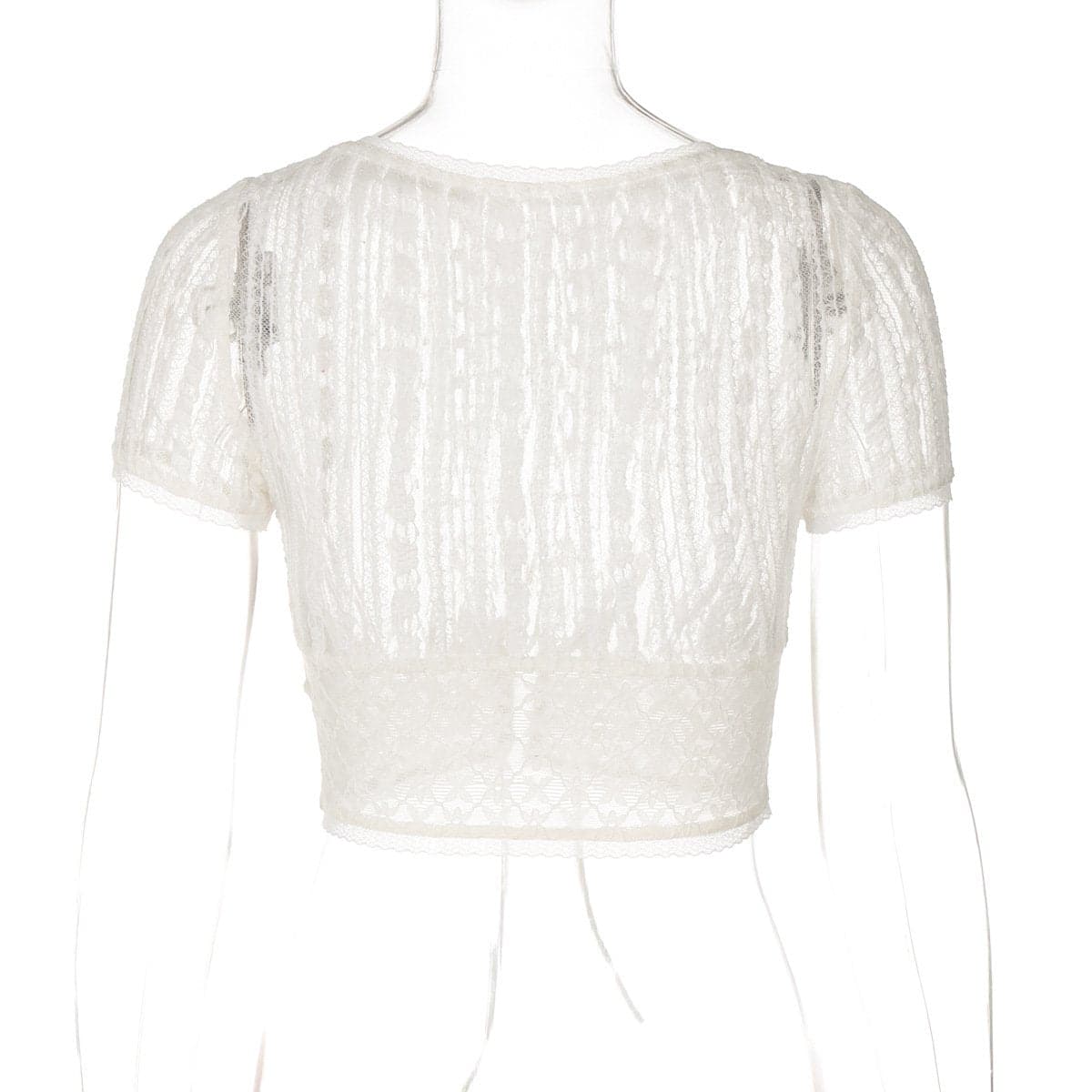 Short sleeve button lace see through crop top