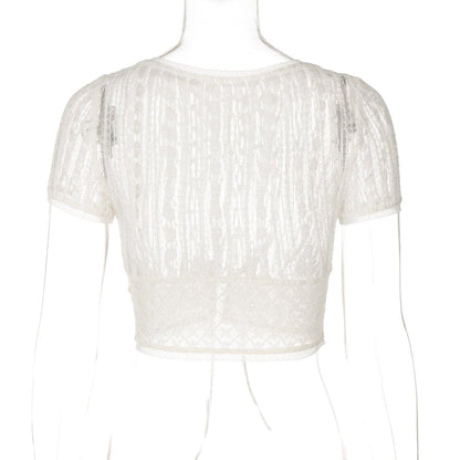 Short sleeve button lace see through crop top