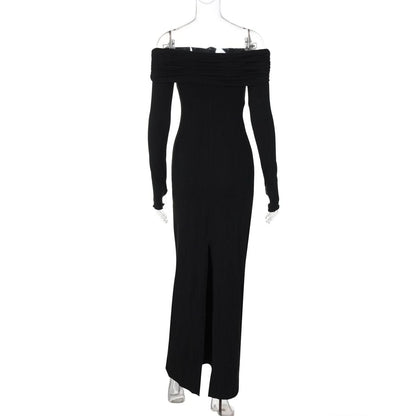 Off shoulder long sleeve slit o ring maxi dress