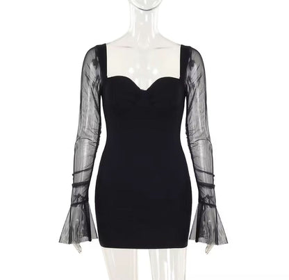 Sweetheart neck long sleeve mesh mini dress