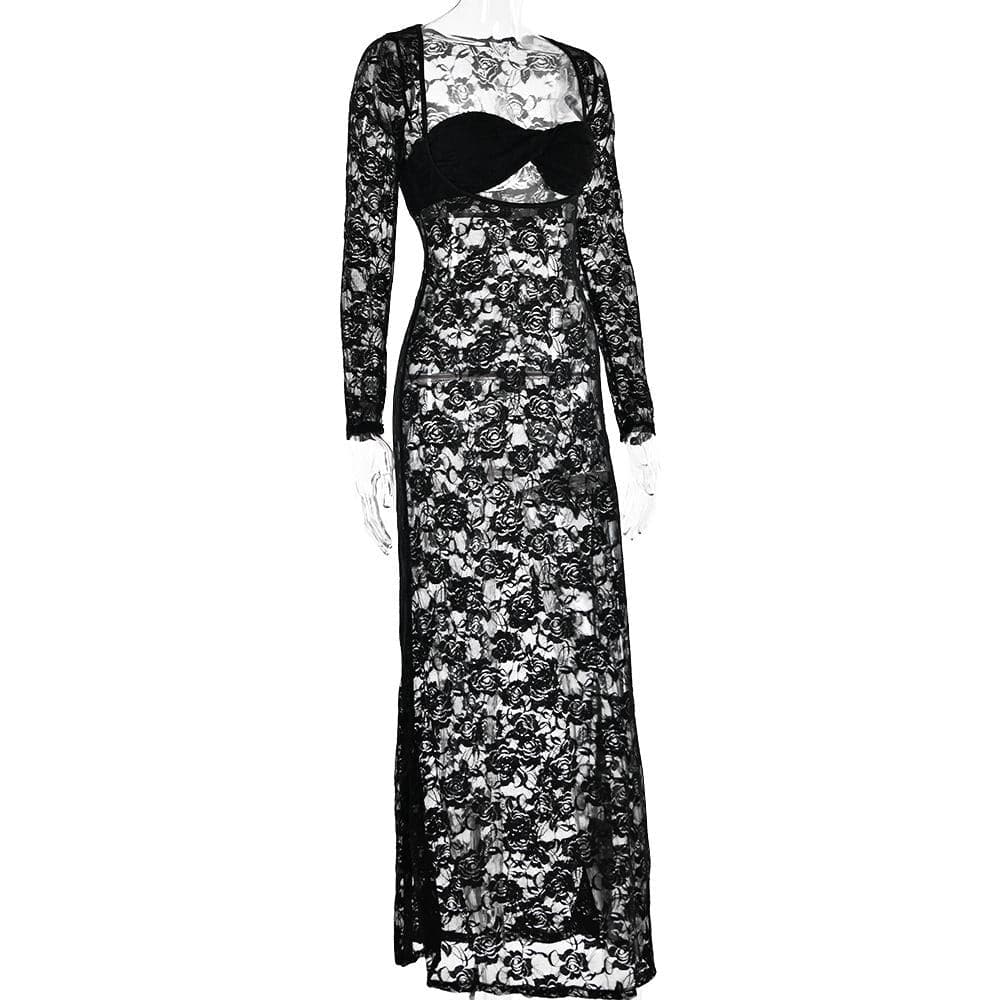 Long sleeve lace see through sweetheart neck maxi dress