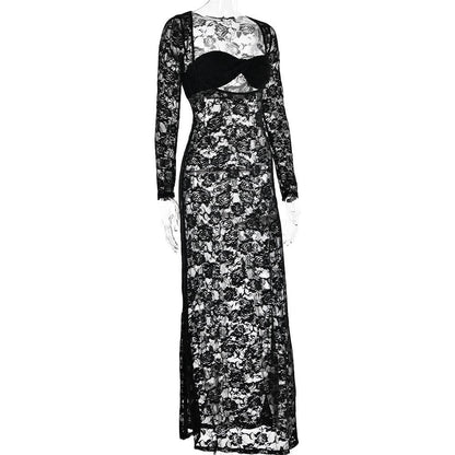 Long sleeve lace see through sweetheart neck maxi dress