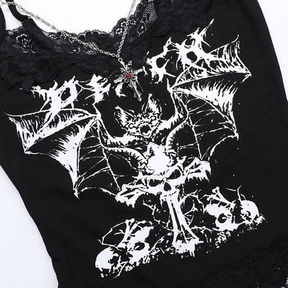 V neck abstract bat print lace hem cami top