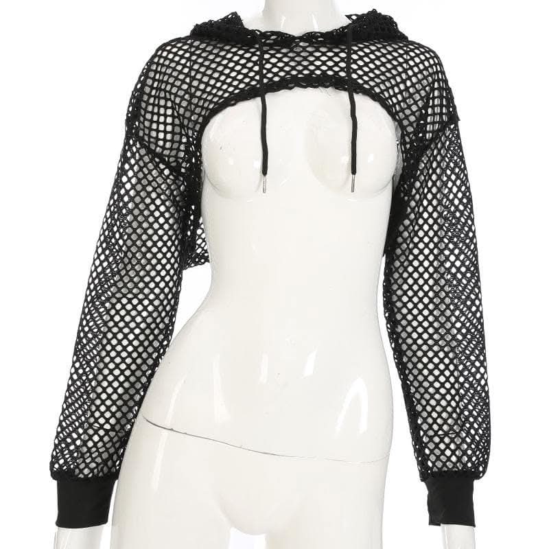 Fishnet hollow out solid long sleeve hoodie shrug cut out top-final-sale
