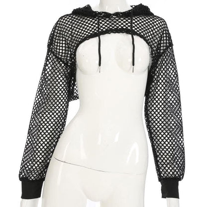 Fishnet hollow out solid long sleeve hoodie shrug cut out top-final-sale